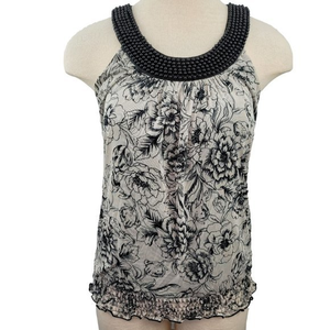 Maurices Womens Small White Black Floral Beaded‎ Crew Neck Sleeveless Tank Top